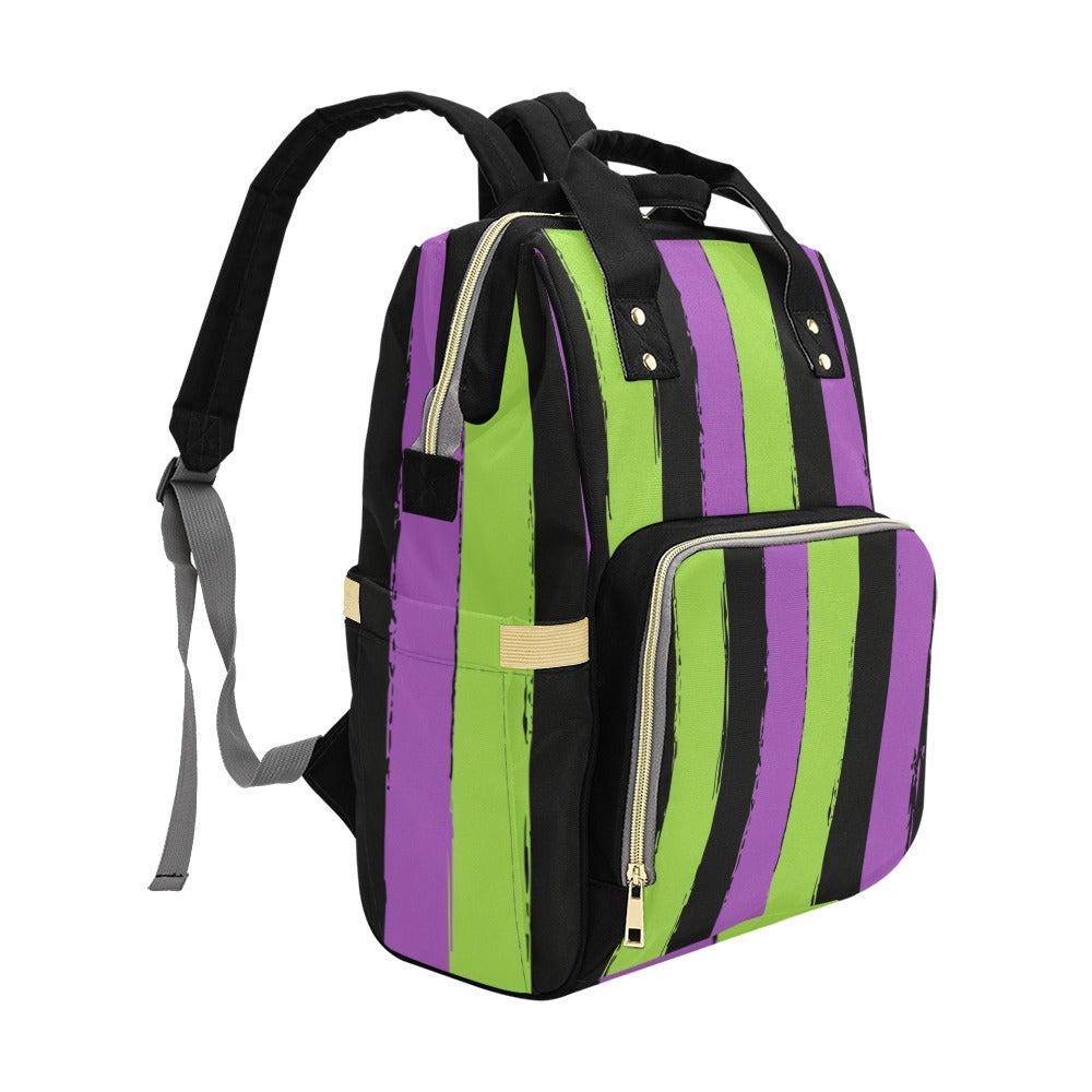 Purple Green Striped Witchcore Backpack, Spooky Diaper Bag for Creepy Cute Moms, Bold Goth Baby Bag Idea, Aesthetic Bookbag Gift for her