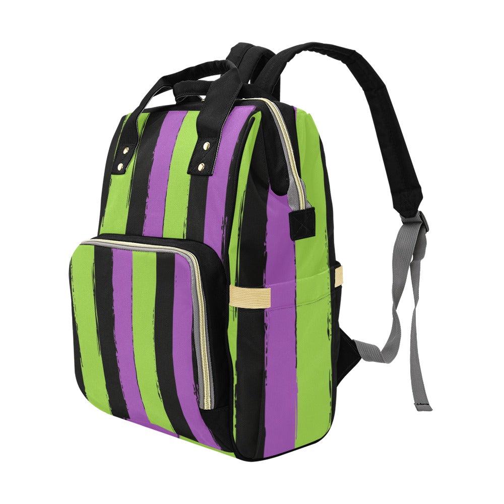 Purple Green Striped Witchcore Backpack, Spooky Diaper Bag for Creepy Cute Moms, Bold Goth Baby Bag Idea, Aesthetic Bookbag Gift for her