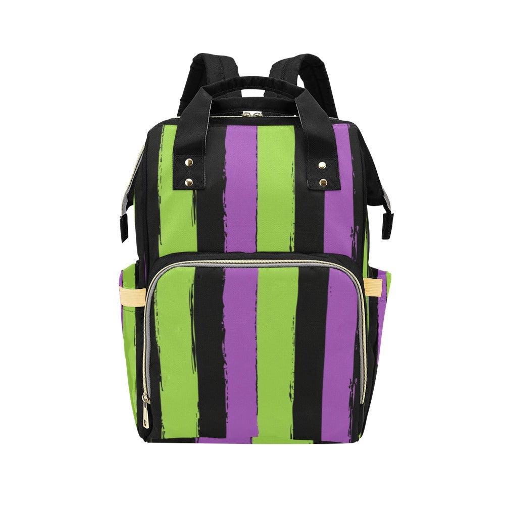 Purple Green Striped Witchcore Backpack, Spooky Diaper Bag for Creepy Cute Moms, Bold Goth Baby Bag Idea, Aesthetic Bookbag Gift for her