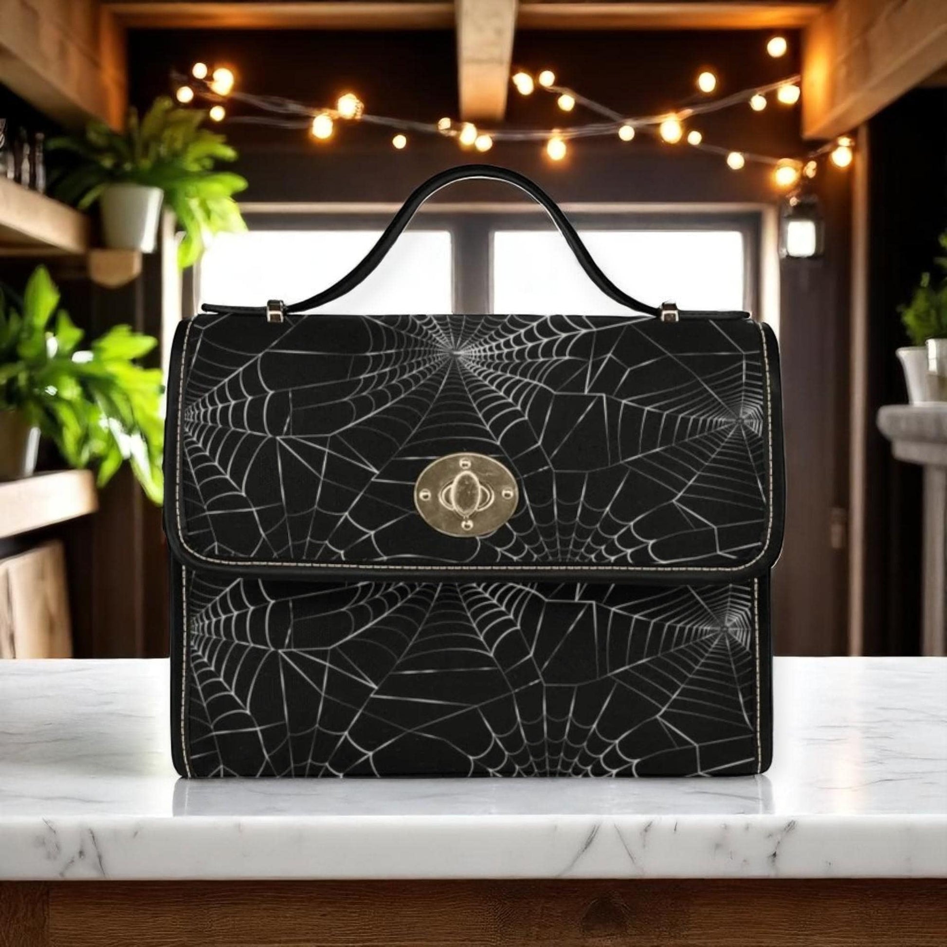 Web print black satchel, spider design crossbody purse, Halloween shoulder handbag, occult inspired everyday bag, dark academia accessory