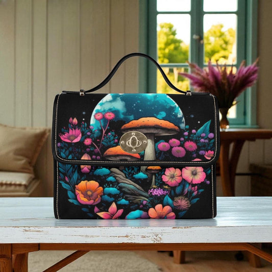 Magical Mushroom Cottagecore Canvas Satchel bag, cottagecore forest women purse, cute vegan leather strap hand bag boho bag, hippies gift