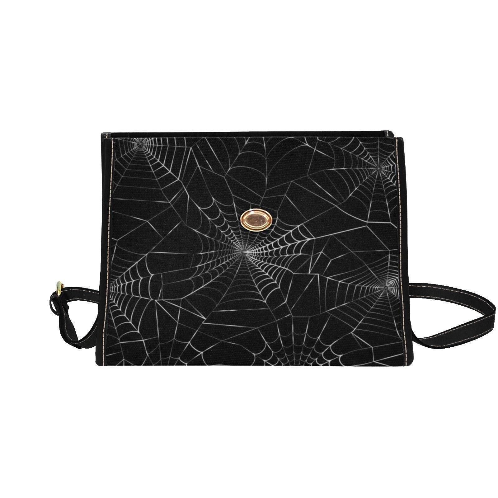Web print black satchel, spider design crossbody purse, Halloween shoulder handbag, occult inspired everyday bag, dark academia accessory
