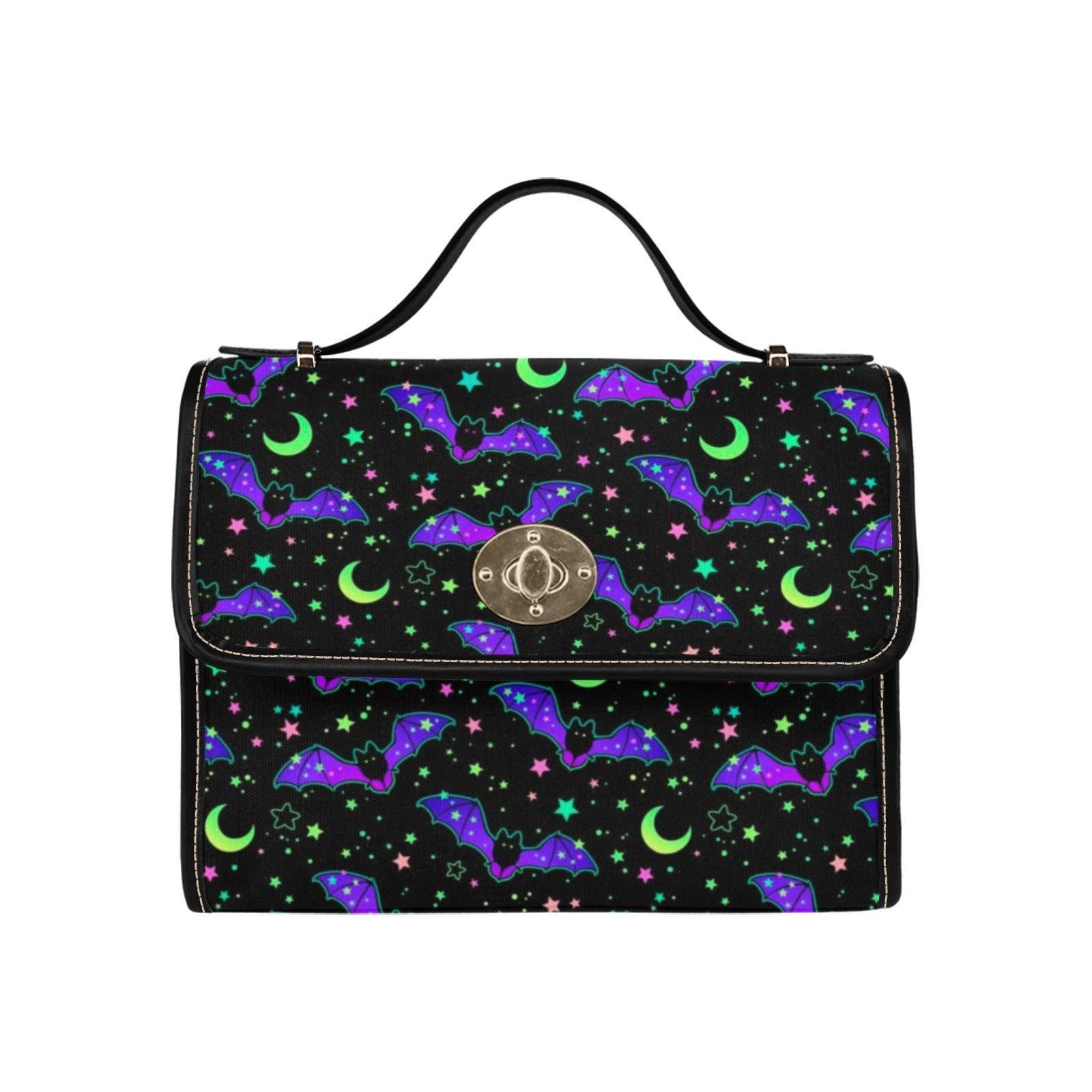 Neon Bat Print Satchel, Spooky Halloween Top Handle Bag, Purple Green Goth Purse