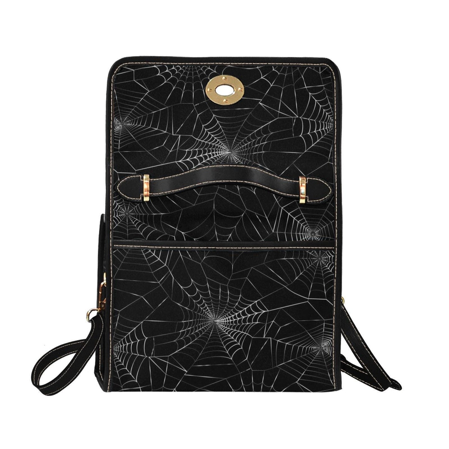 Web print black satchel, spider design crossbody purse, Halloween shoulder handbag, occult inspired everyday bag, dark academia accessory
