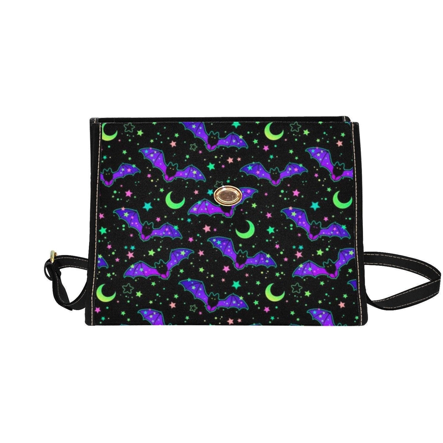 Neon Bat Print Satchel, Spooky Halloween Top Handle Bag, Purple Green Goth Purse
