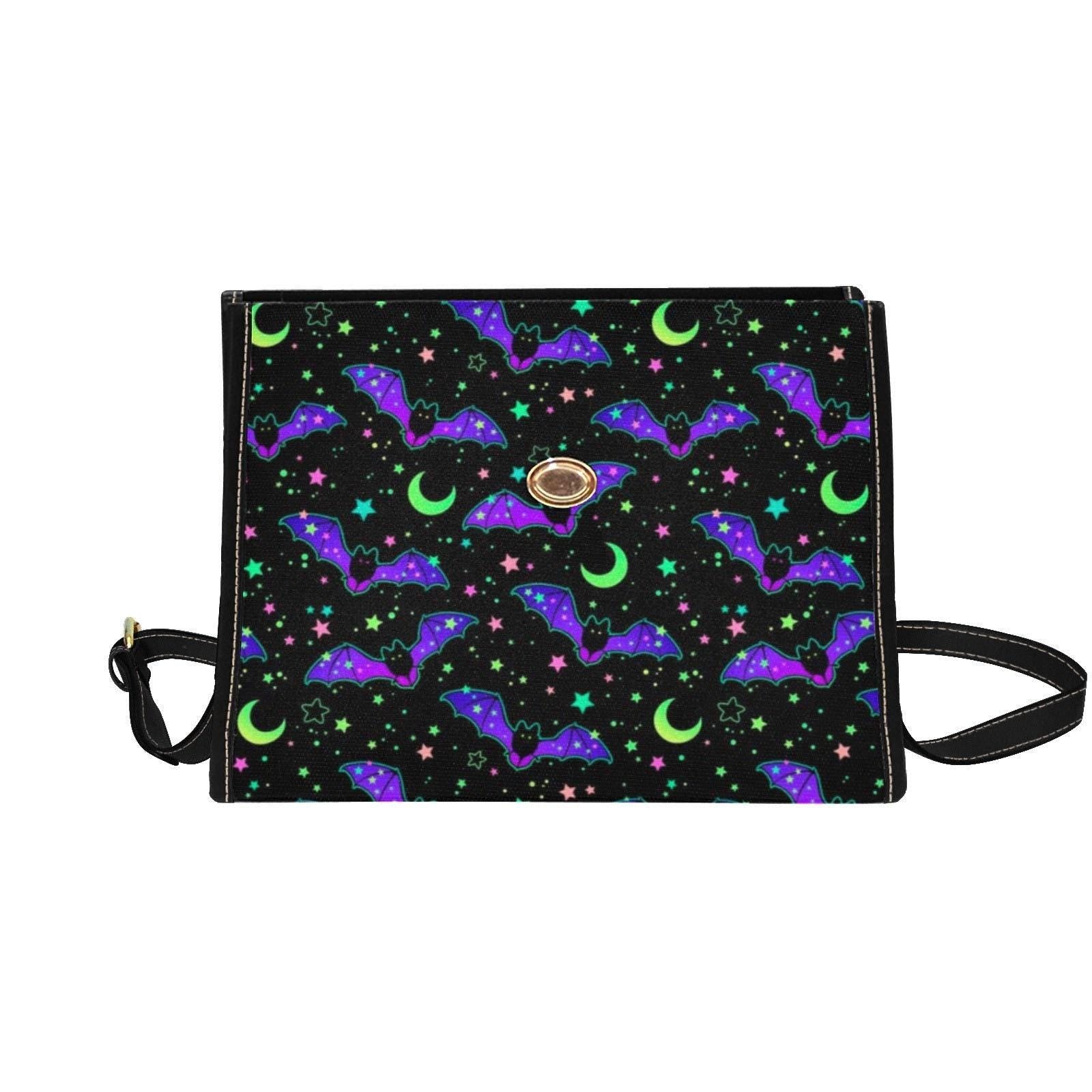 Neon Bat Print Satchel, Spooky Halloween Top Handle Bag, Purple Green Goth Purse