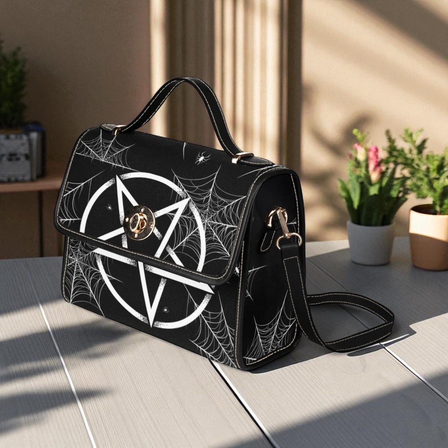 Pentagram crossbody bag, gothic spiderweb purse, witchy black handbag, spooky structured satchel, dark aesthetic shoulder bag,occult fashion