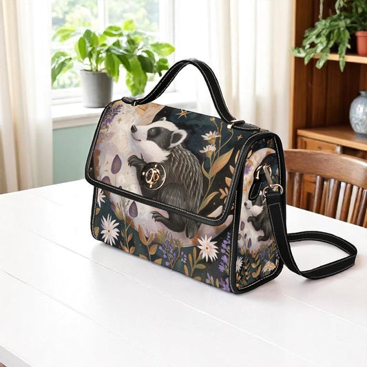 Woodland Badger Shoulder Bag, Forest Animal Purse with Floral Moon Design, Cottagecore Witchy Handbag, Cozy Autumn Satchel Gift for Her