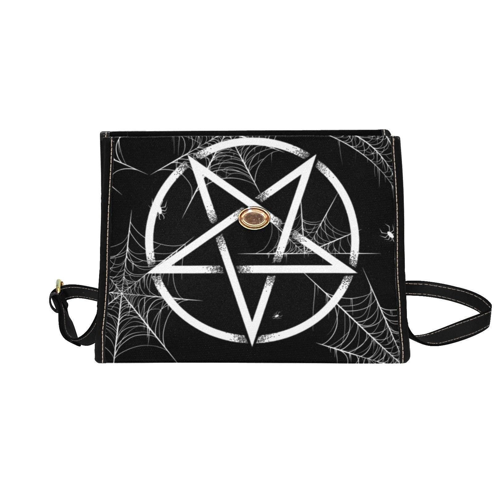 Pentagram crossbody bag, gothic spiderweb purse, witchy black handbag, spooky structured satchel, dark aesthetic shoulder bag,occult fashion
