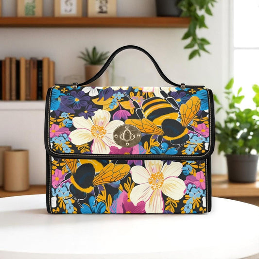 Retro floral bumblebee bag, colorful garden purse, botanical crossbody bag, cottagecore bee handbag, wildflower print accessory,nature lover