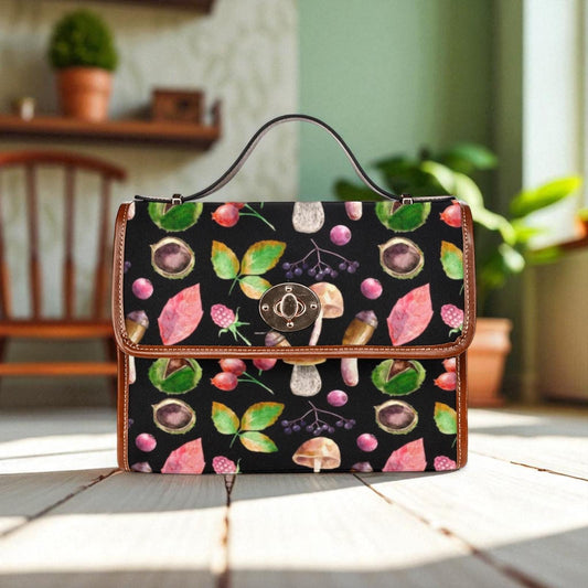 Witch Canvas Satchel bag, Forestcore Mushrooms Cross Body purse, Canvas Witch Handbag, Goblincore Toadstools Naturecore Boho Hippies Purse