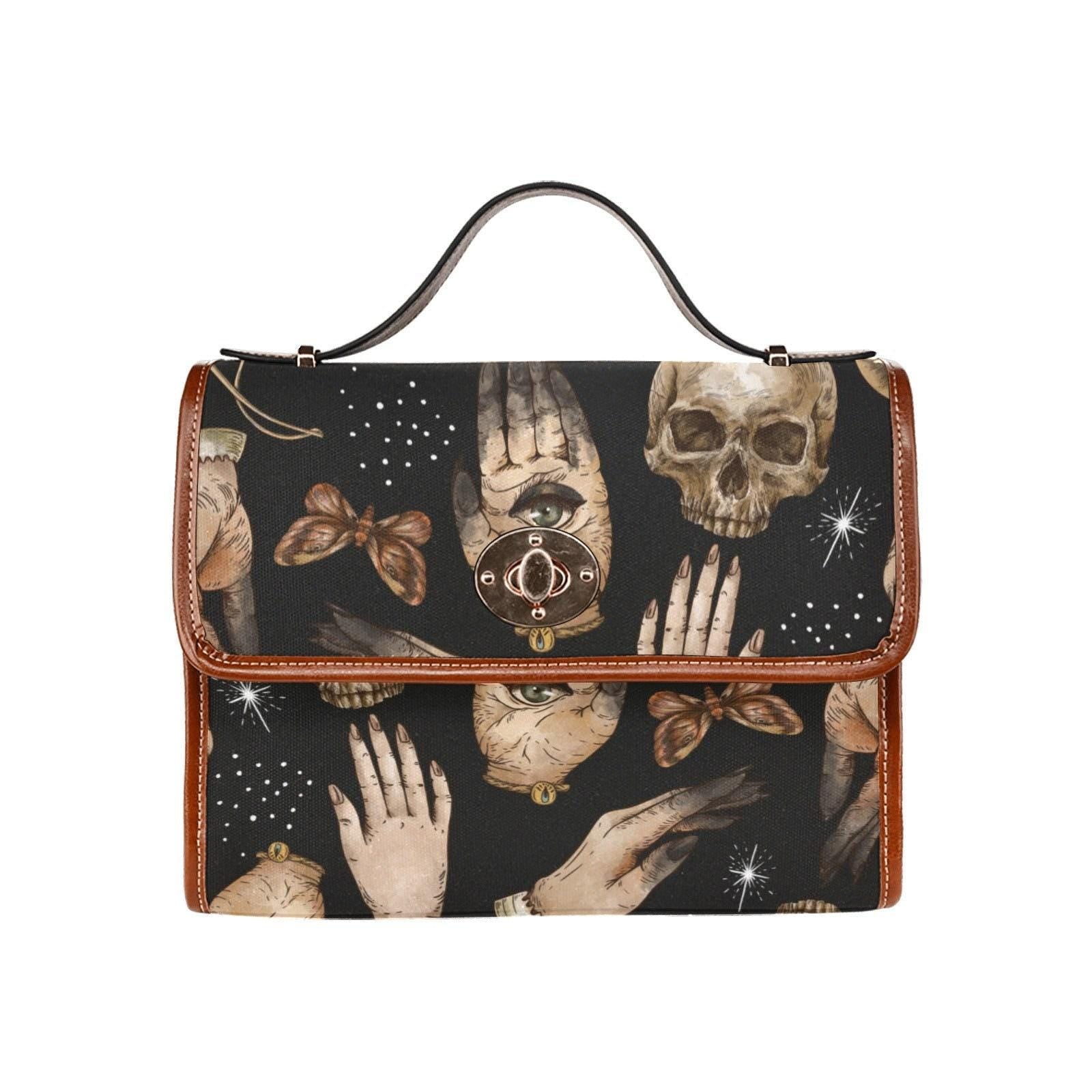 Occult Skull Bag, Palmistry Pattern Purse, Witchcore Crossbody Satchel, Gothic Tarot Print Handbag, Spooky Divination Gift for Witchy Girls