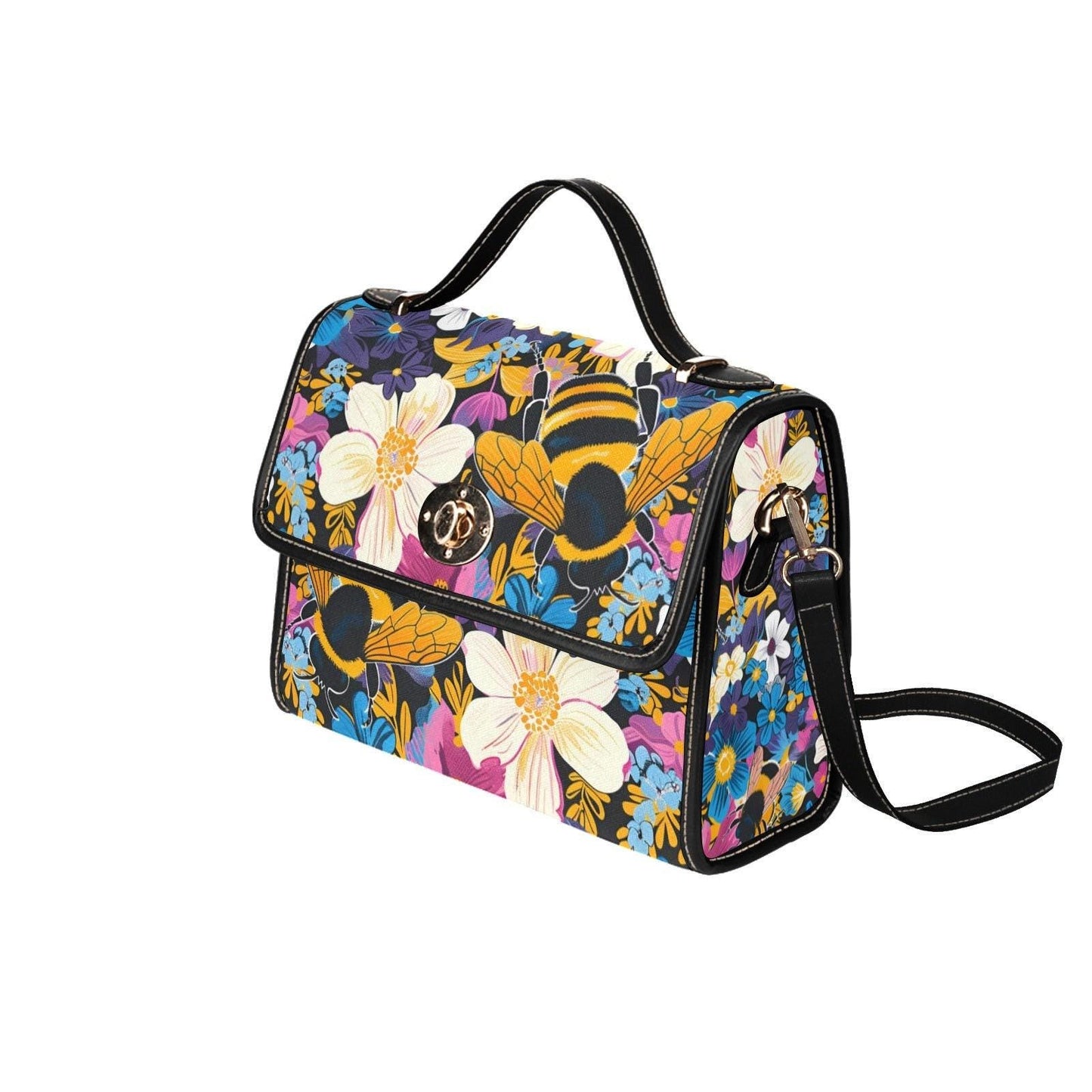Retro floral bumblebee crossbody bag, cottagecore wildflower purse, colorful garden accessory