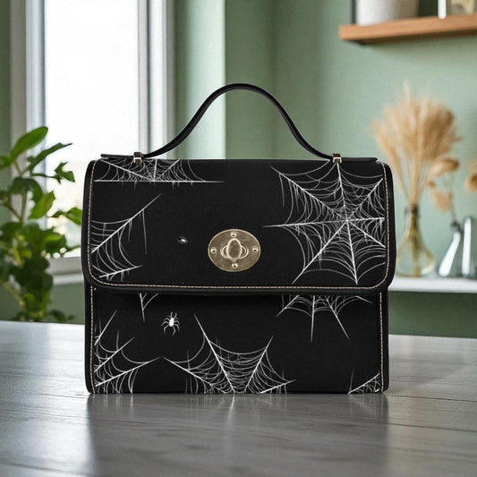 Spiderweb Gothic Purse, Canvas Satchel bag, Vegan Goth Bag, Halloween Costume Adult Cosplay, Cute Black Witch women cross body purse
