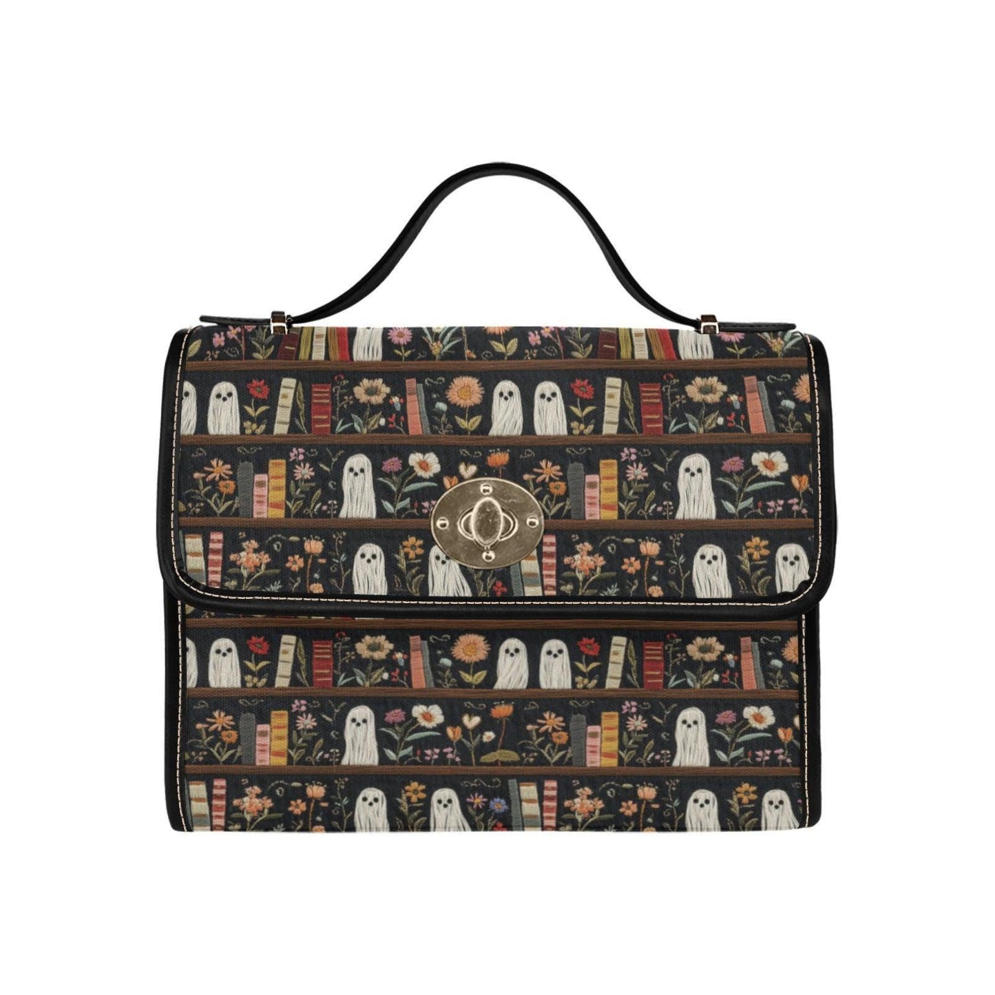 Ghost Library Print Purse, Witchcore Book Bag with Ghosts, Dark Academia Shoulder Bag, Halloween Satchel for Spooky Girls, Goth Gift Idea