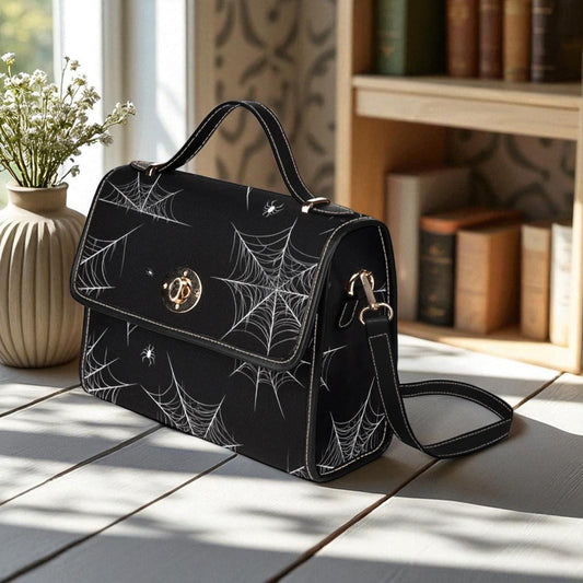 Spiderweb Gothic Purse, Canvas Satchel bag, Vegan Goth Bag, Halloween Costume Adult Cosplay, Cute Black Witch women cross body purse