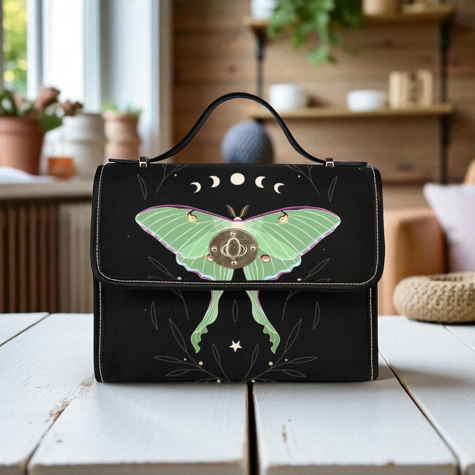 Luna Moth Bag, Mint Green Crossbody, Moon Phase Purse, Celestial Insect Print, Goth Moth Style, Forest Witch Gift, Mystical Bug Accessory