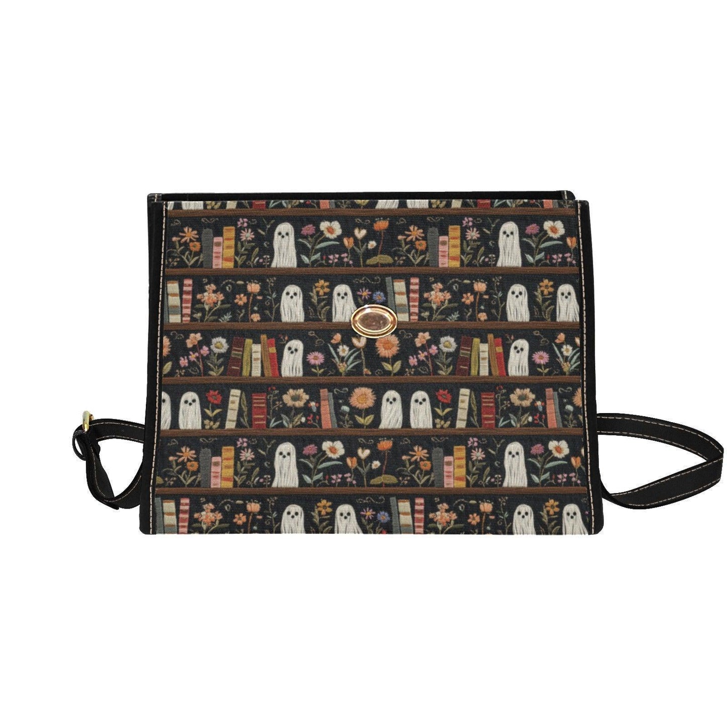 Ghost Library Print Purse, Witchcore Book Bag with Ghosts, Dark Academia Shoulder Bag, Halloween Satchel for Spooky Girls, Goth Gift Idea