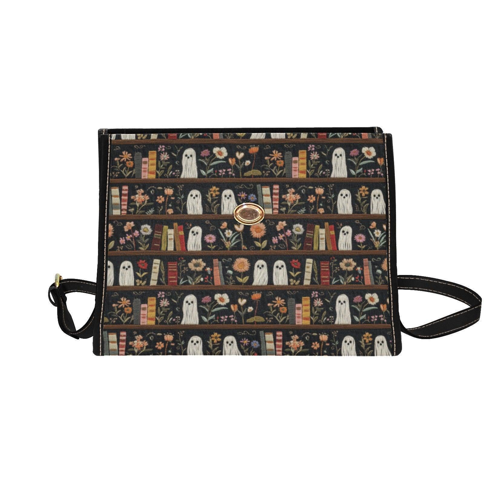 Ghost Library Print Purse, Witchcore Book Bag with Ghosts, Dark Academia Shoulder Bag, Halloween Satchel for Spooky Girls, Goth Gift Idea