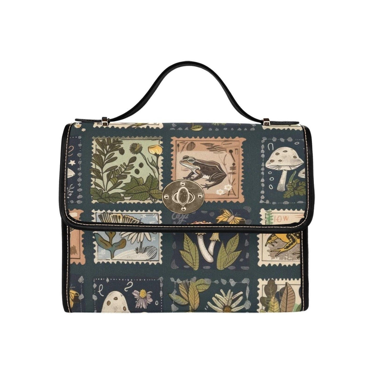 Woodland Postage Stamp Crossbody Bag, Cottagecore Nature Purse with Frog Mushroom Botanical Print