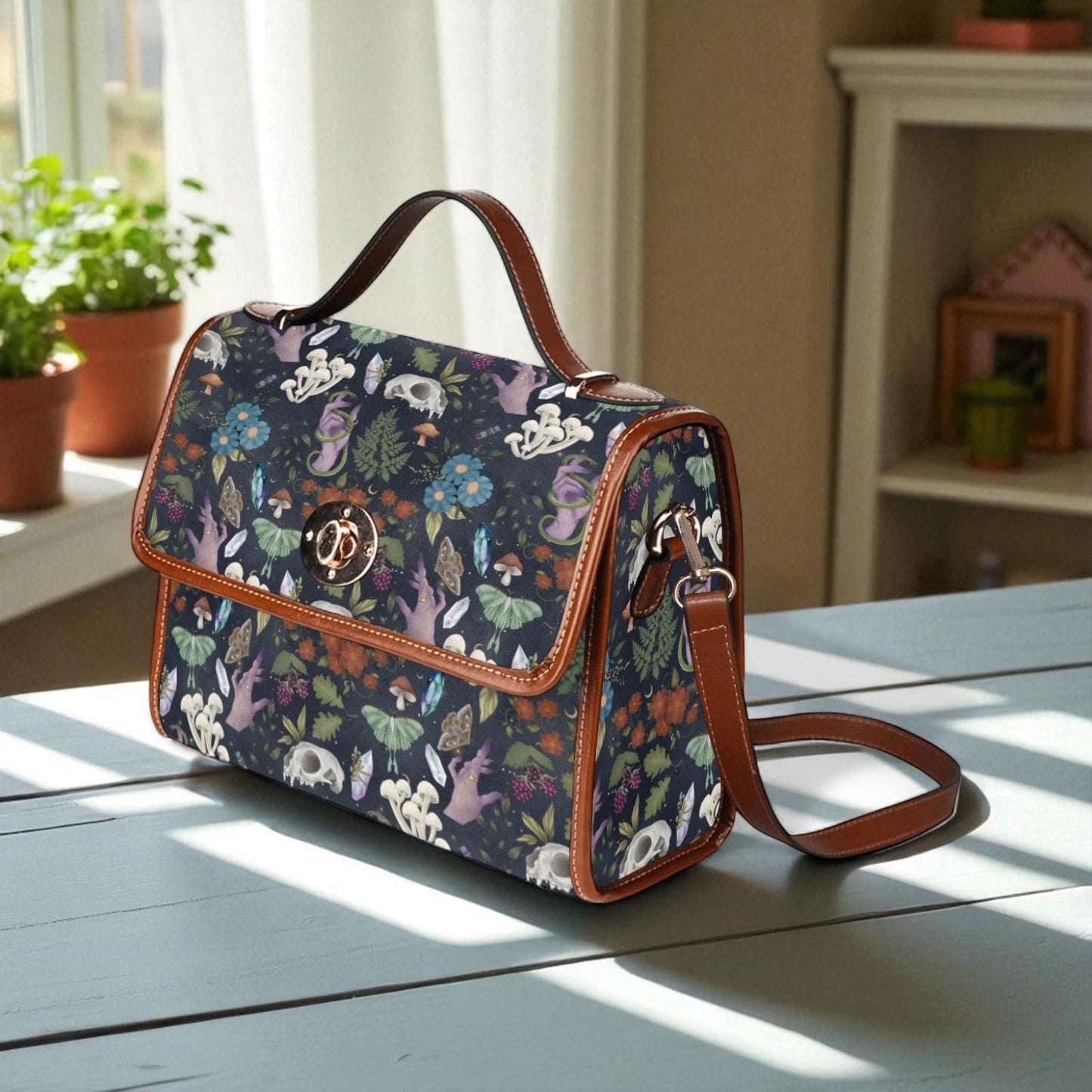 Skull floral crossbody bag, witchcore satchel, gothic forest purse, spooky boho handbag, fairy goth accessories