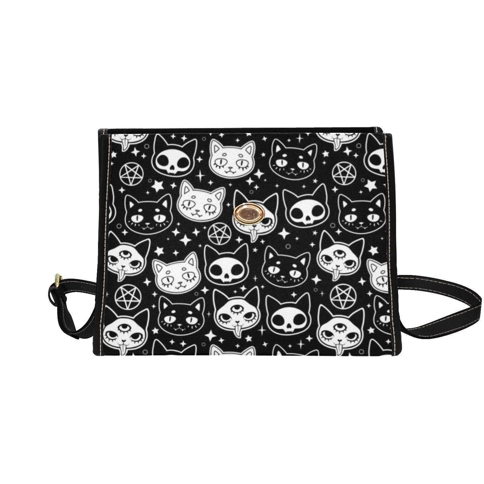 Goth Cat Handbag, Witchy Top Handle Purse, Occult Black White Satchel for Women