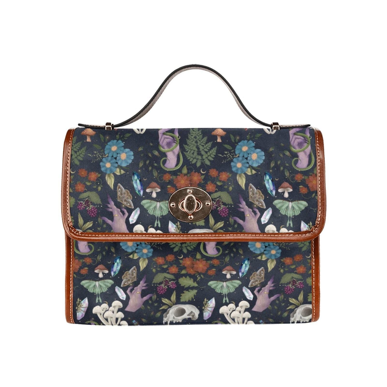 Skull floral crossbody bag, witchcore satchel, gothic forest purse, spooky boho handbag, fairy goth accessories