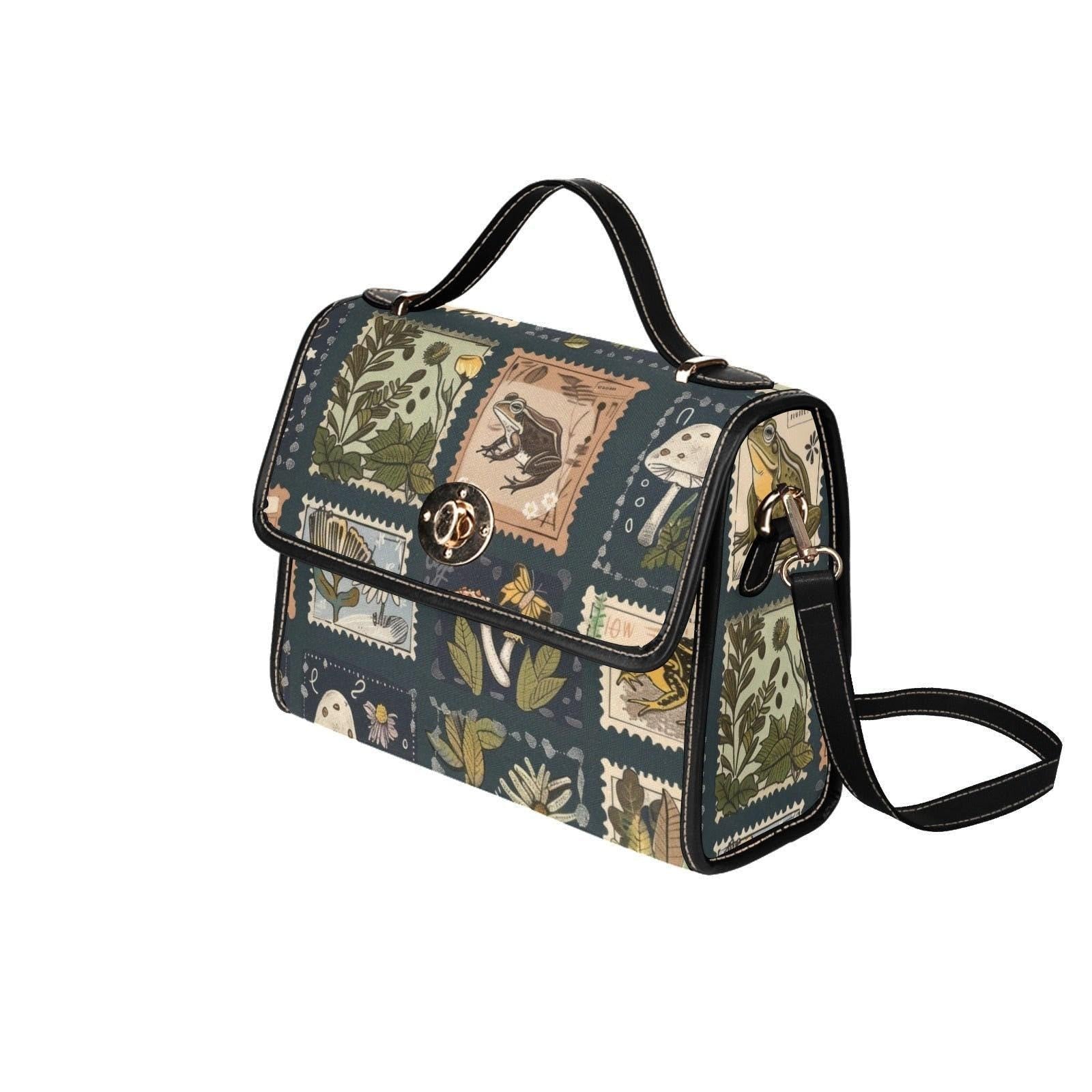 Woodland Postage Stamp Crossbody Bag, Cottagecore Nature Purse with Frog Mushroom Botanical Print