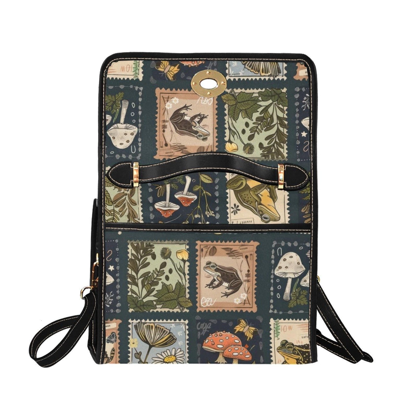 Woodland Postage Stamp Crossbody Bag, Cottagecore Nature Purse with Frog Mushroom Botanical Print