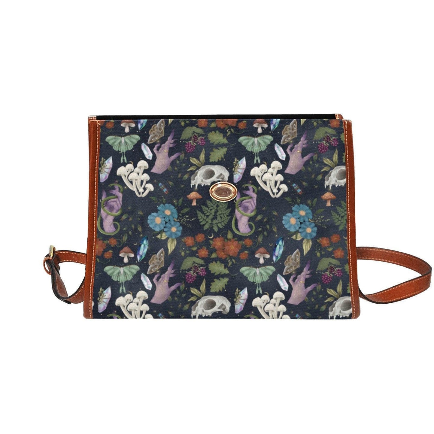 Skull and floral purse, gothic forest crossbody, dark fairycore satchel, witchcore aesthetic handbag, spooky woodland bag, cottagecore bag