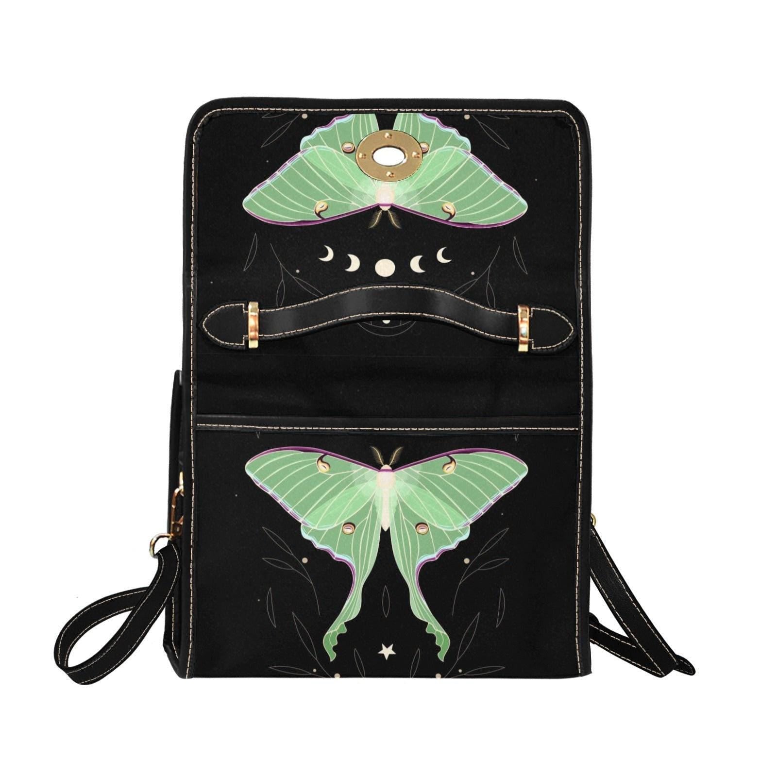 Luna Moth Bag, Mint Green Crossbody, Moon Phase Purse, Celestial Insect Print, Goth Moth Style, Forest Witch Gift, Mystical Bug Accessory