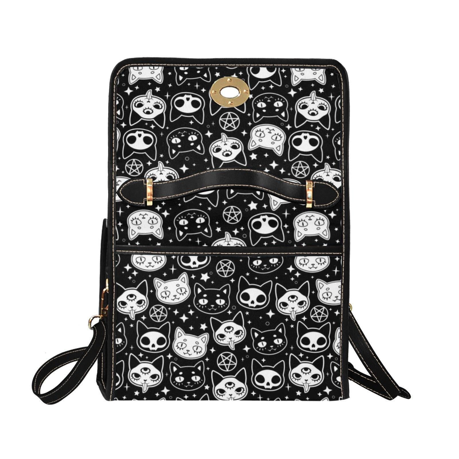 Goth Cat Handbag, Witchy Top Handle Purse, Occult Black White Satchel for Women
