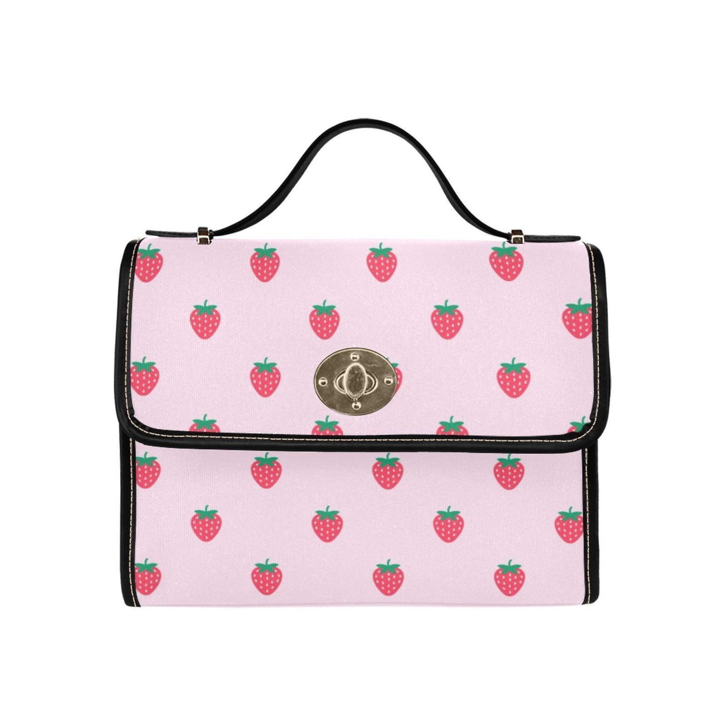 Pink Strawberry Print Satchel Bag, Kawaii Crossbody Handbag, Summer Fruit Purse
