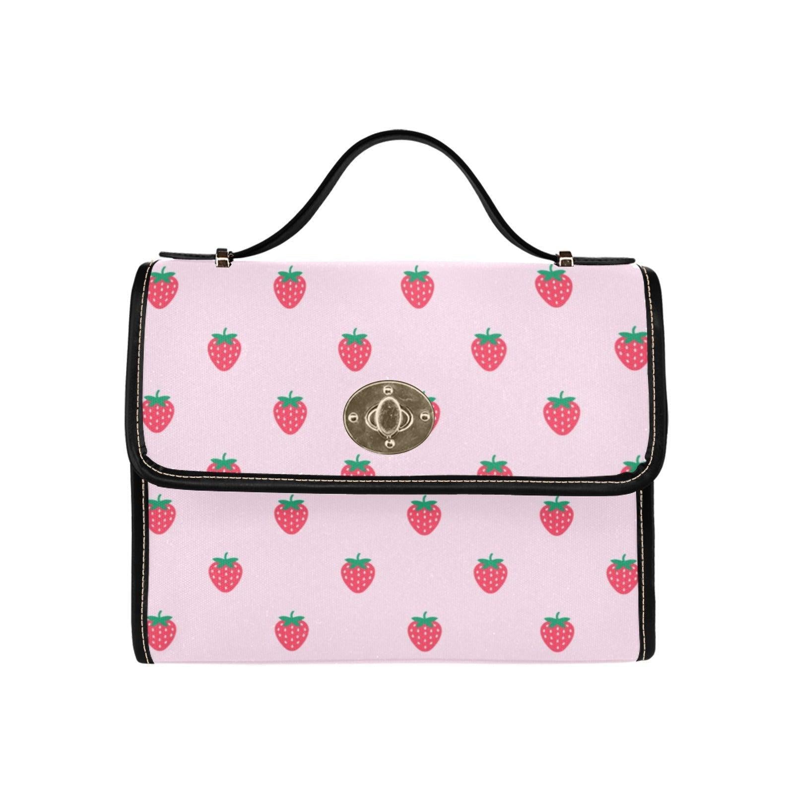 Pink Strawberry Print Satchel Bag, Kawaii Crossbody Handbag, Summer Fruit Purse