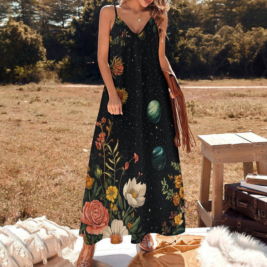 Galaxy floral dress, Space print sundress, Cottagecore planets maxi, Botanical stars gown, Celestial aesthetic outfit, Dark fairycore dress