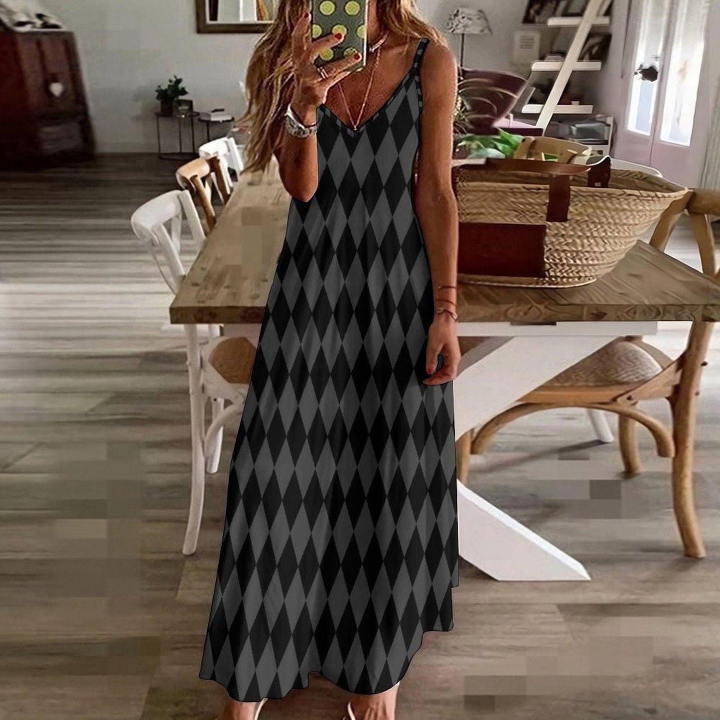 Harlequin Maxi Dress, Gothic Summer Dress, Black Checker Slip, Edgy Long Cami Dress, Dark Pattern Outfit, Grunge Aesthetic Clothing