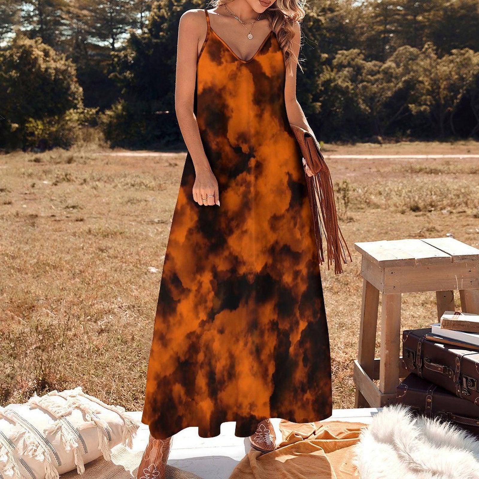 Orange Black Cloud Maxi Dress, Spooky Sky Halloween Dress, Witchy Vapor Print Slip Dress, Soft Gothic Summer Outfit, Aesthetic Grunge Dress
