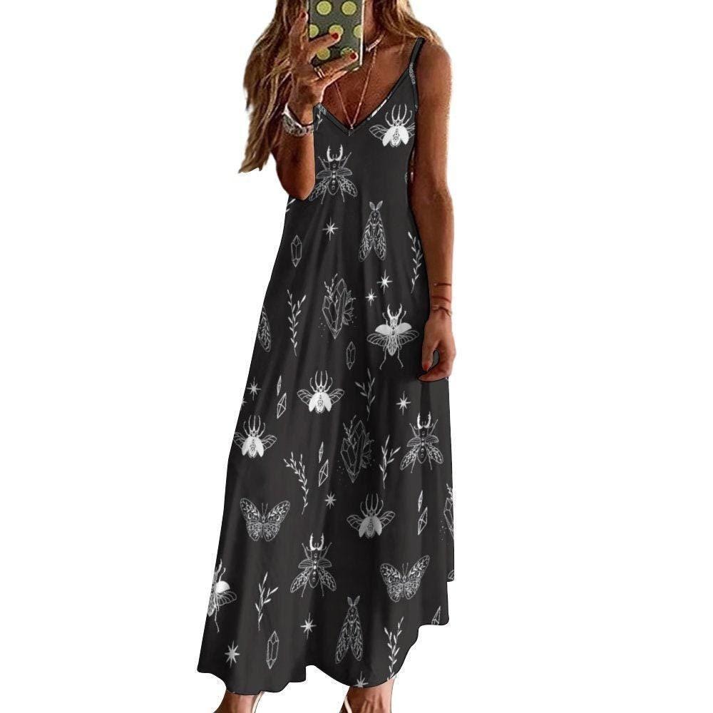 Celestial Insect Maxi Dress, Witchy Bug Print Dress, Dark Nature Dress
