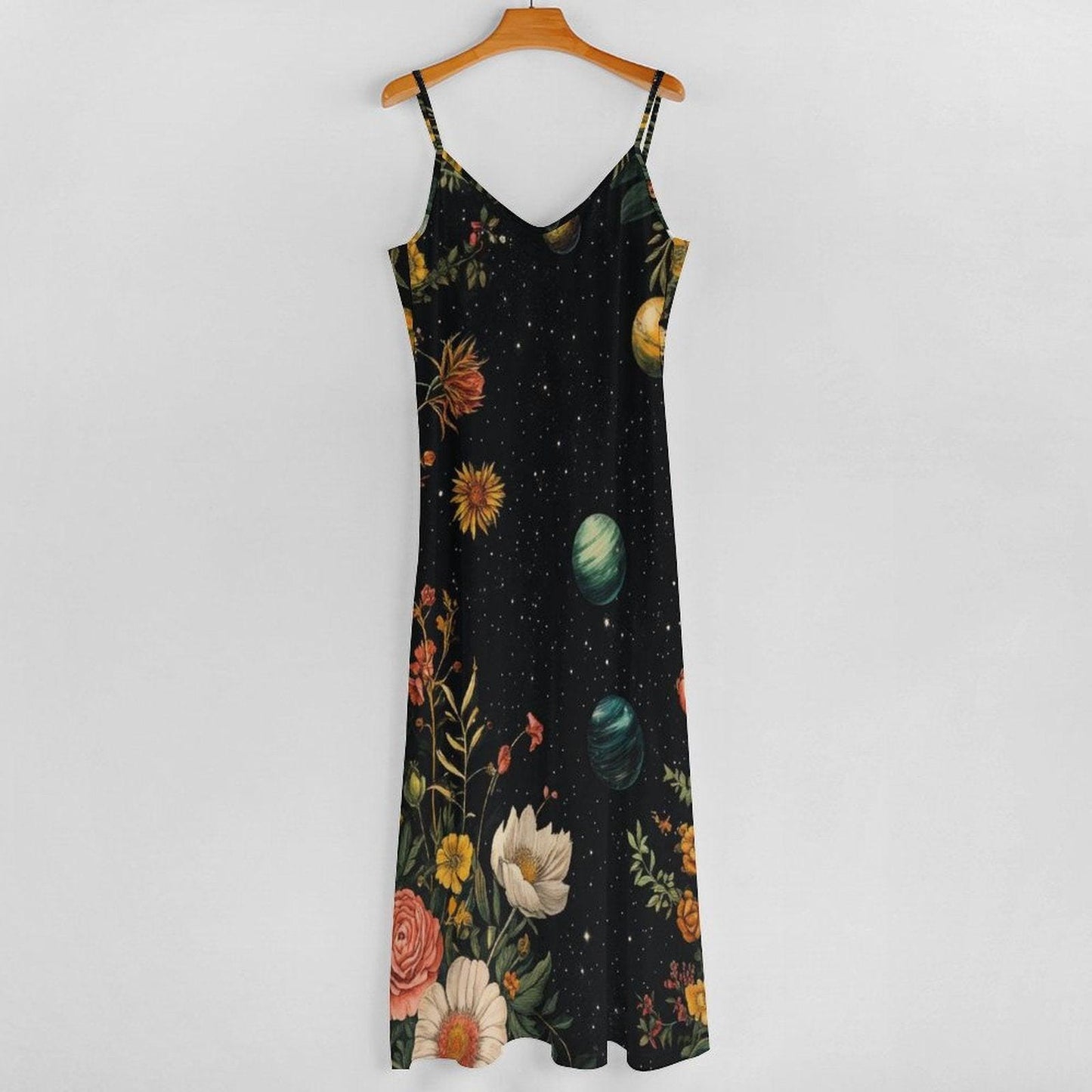 Galaxy floral dress, Space print sundress, Cottagecore planets maxi, Botanical stars gown, Celestial aesthetic outfit, Dark fairycore dress