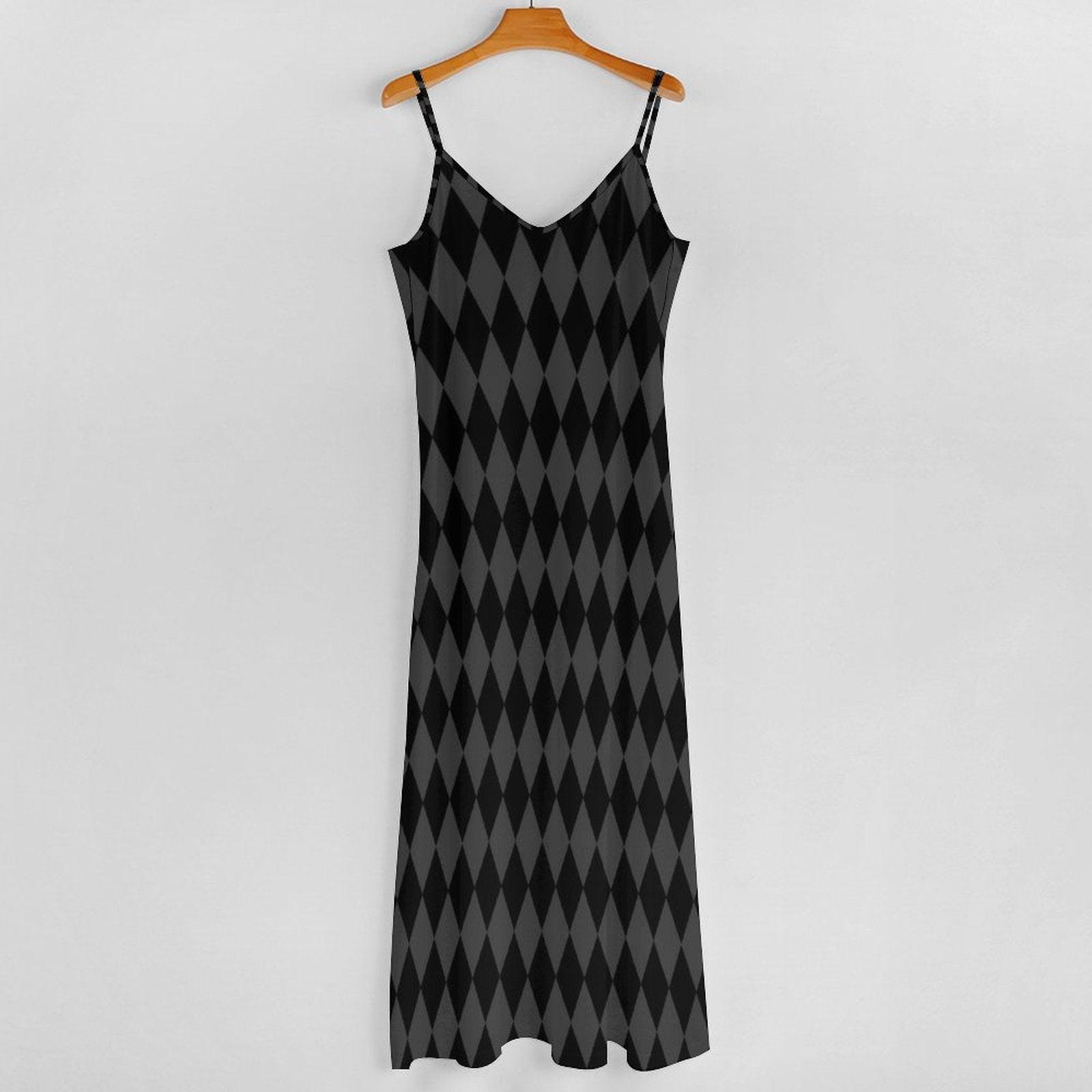 Harlequin Maxi Dress, Gothic Summer Dress, Black Checker Slip, Edgy Long Cami Dress, Dark Pattern Outfit, Grunge Aesthetic Clothing