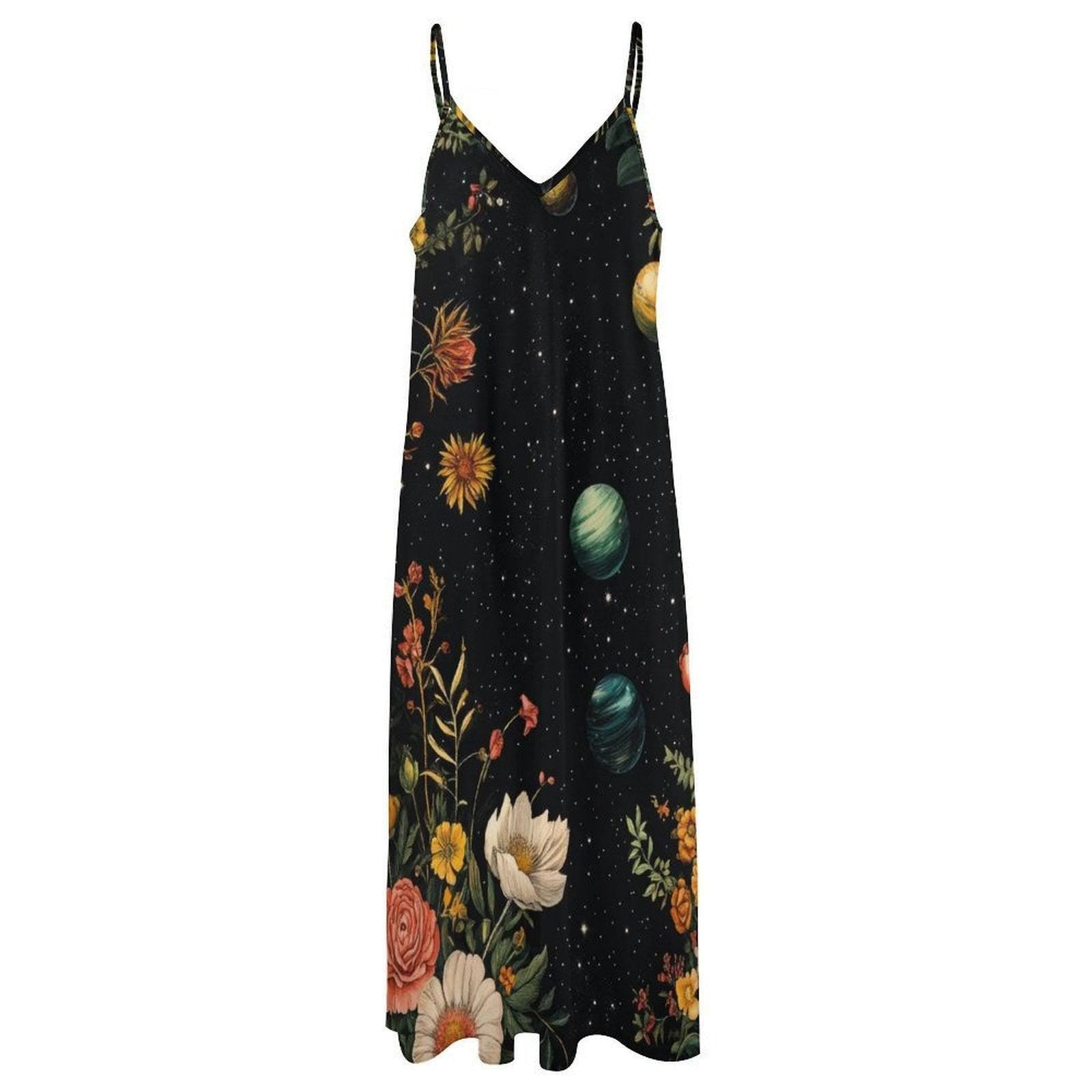 Galaxy floral dress, Space print sundress, Cottagecore planets maxi, Botanical stars gown, Celestial aesthetic outfit, Dark fairycore dress