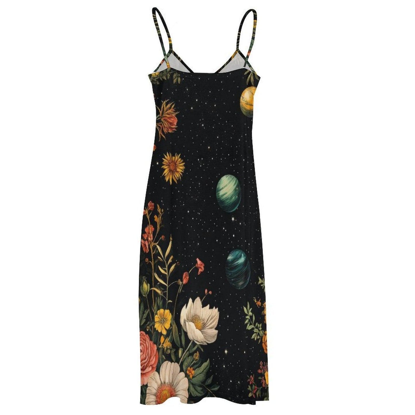Galaxy floral dress, Space print sundress, Cottagecore planets maxi, Botanical stars gown, Celestial aesthetic outfit, Dark fairycore dress