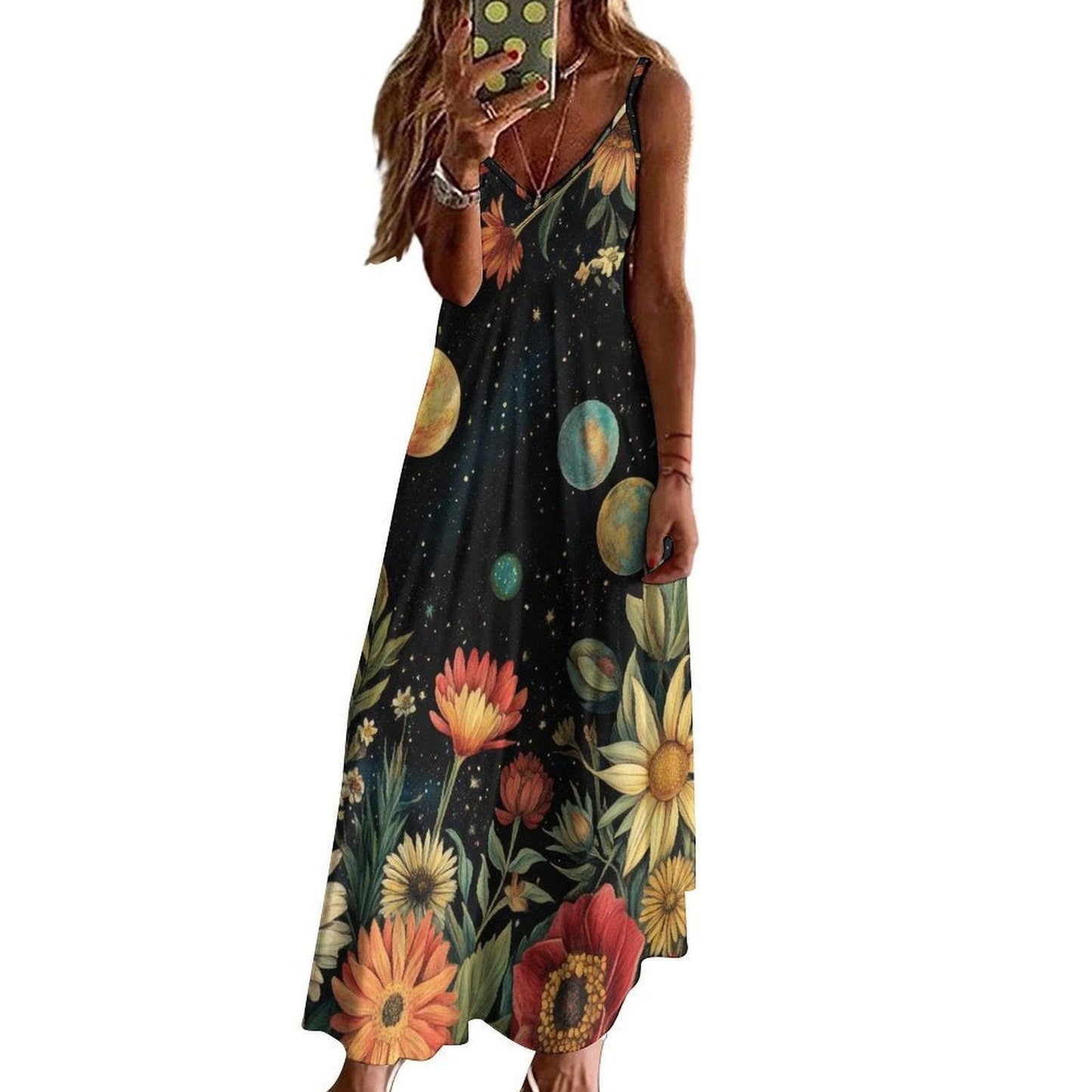 Retro galaxy floral dress, Sunflower planet maxi gown, Cosmic garden aesthetic outfit, Witchy night boho sundress, Space flower fashion
