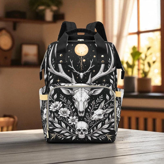 Cottagecore antler skull backpack, floral gothic diaper bag, enchanted forest baby bag, witchy mom backpack, celestial stag print bag, alt