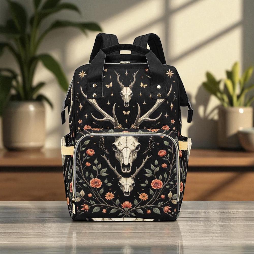 Witchcore floral skull bag, antler gothic diaper bag,baby backpack, celestial witch mom bag, forest witch travel bag,spooky floral backpack