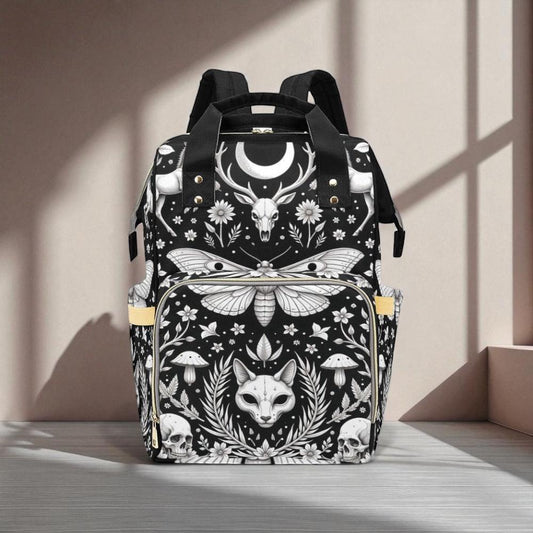 Moth and skull backpack, fox gothic diaper bag, forest witch mom bag, spooky baby bag, lunar floral backpack, alternative nursery bag
