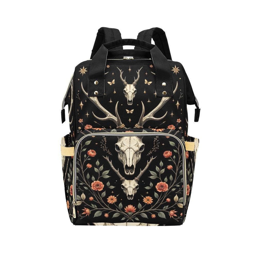 Witchcore floral skull bag, antler gothic diaper bag,baby backpack, celestial witch mom bag, forest witch travel bag,spooky floral backpack