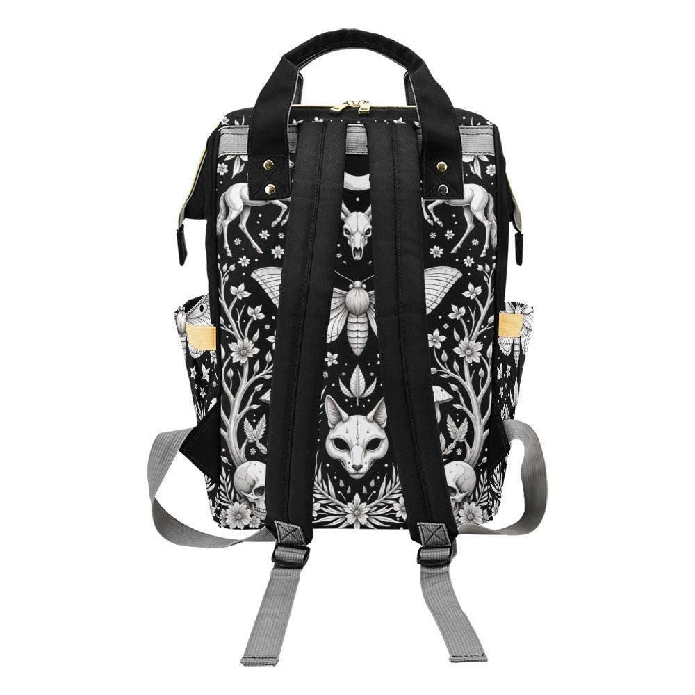 Moth and skull backpack, fox gothic diaper bag, forest witch mom bag, spooky baby bag, lunar floral backpack, alternative nursery bag