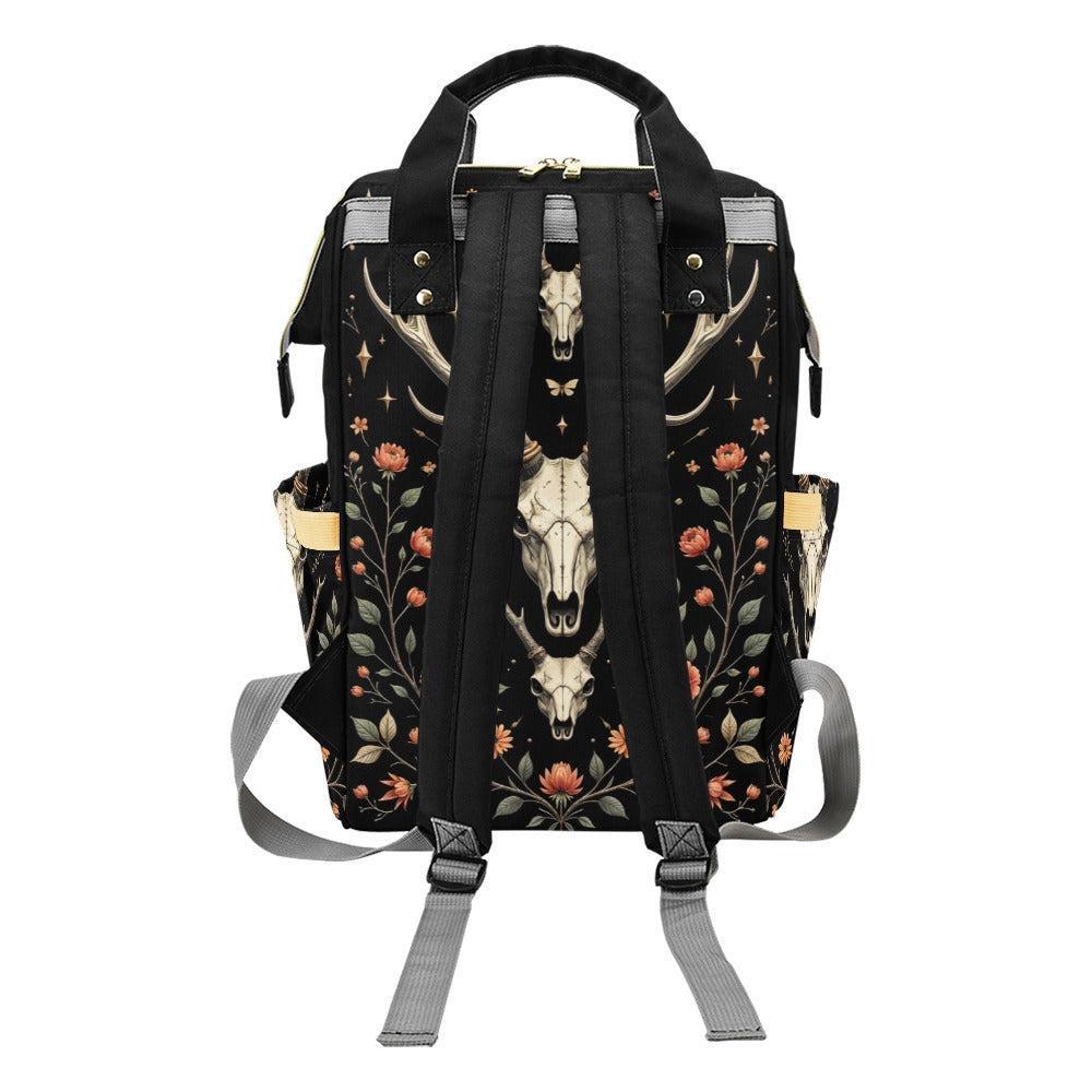 Witchcore floral skull bag, antler gothic diaper bag,baby backpack, celestial witch mom bag, forest witch travel bag,spooky floral backpack