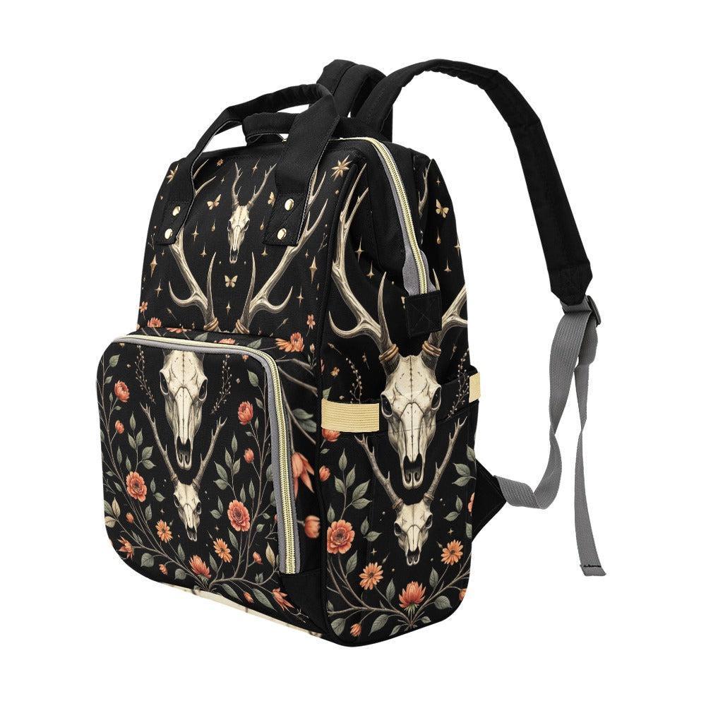 Witchcore floral skull bag, antler gothic diaper bag,baby backpack, celestial witch mom bag, forest witch travel bag,spooky floral backpack